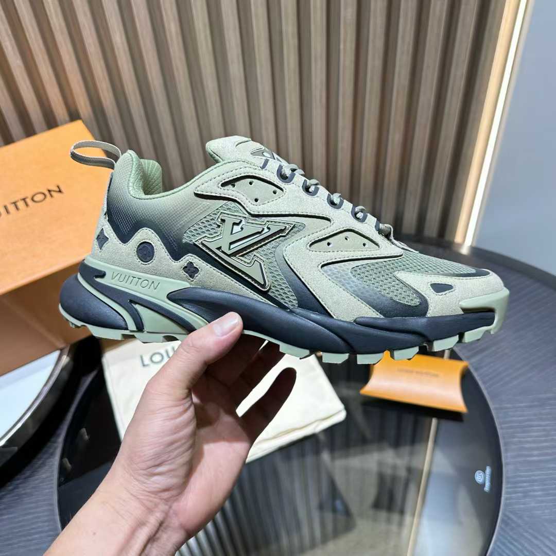 LV Runner Tatic sneaker in an earthy color palette, featuring a mix of technical materials like mesh and suede calf leather