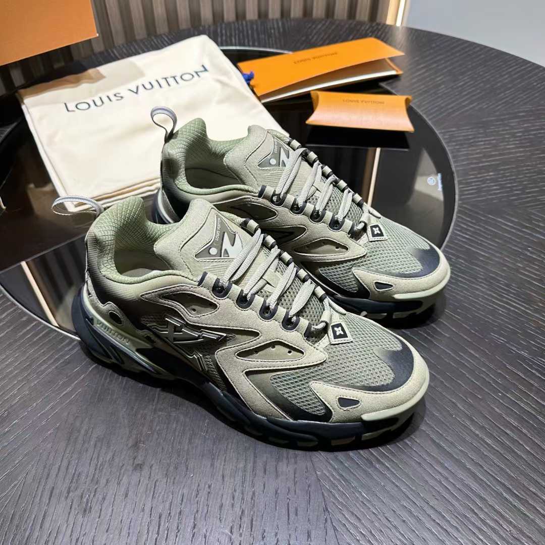 LV Runner Tatic sneaker in an earthy color palette, featuring a mix of technical materials like mesh and suede calf leather