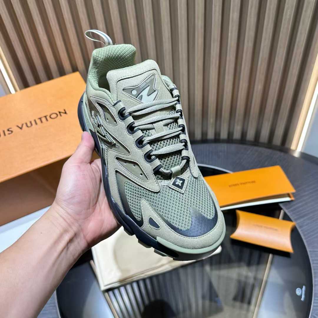 LV Runner Tatic sneaker in an earthy color palette, featuring a mix of technical materials like mesh and suede calf leather