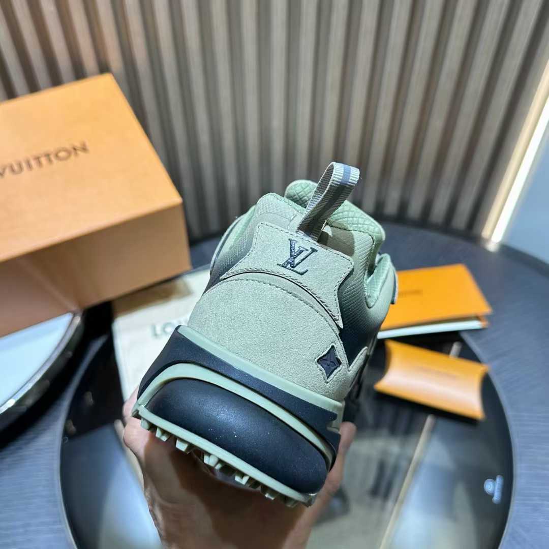 LV Runner Tatic sneaker in an earthy color palette, featuring a mix of technical materials like mesh and suede calf leather