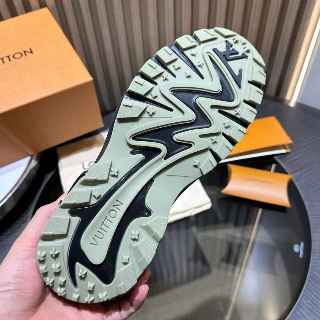 LV Runner Tatic sneaker in an earthy color palette, featuring a mix of technical materials like mesh and suede calf leather