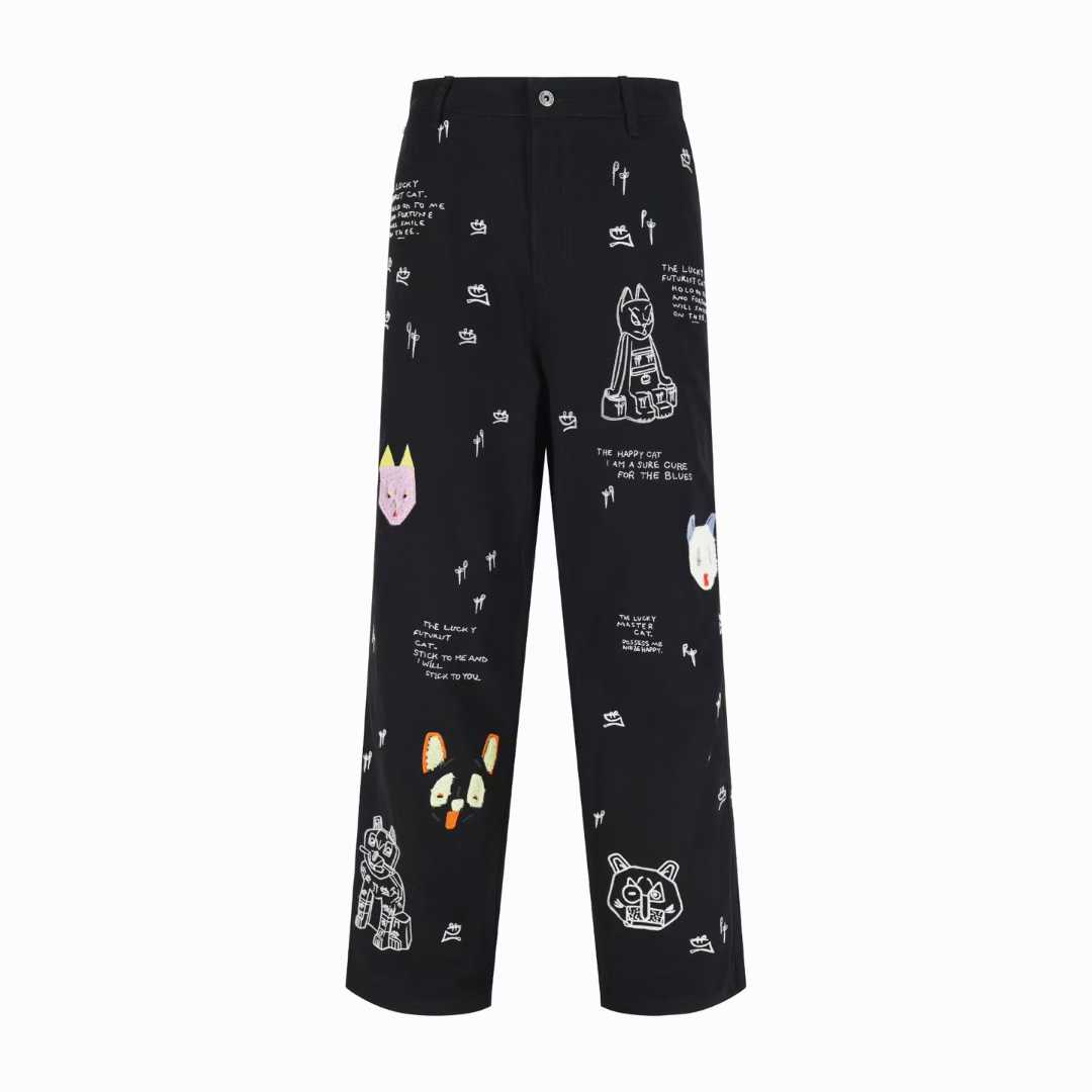 Loewe x Louis Wain embroidered wide-leg jeans in black, featuring playful animal appliqués inspired by the British artist's "Futurist Cats" series