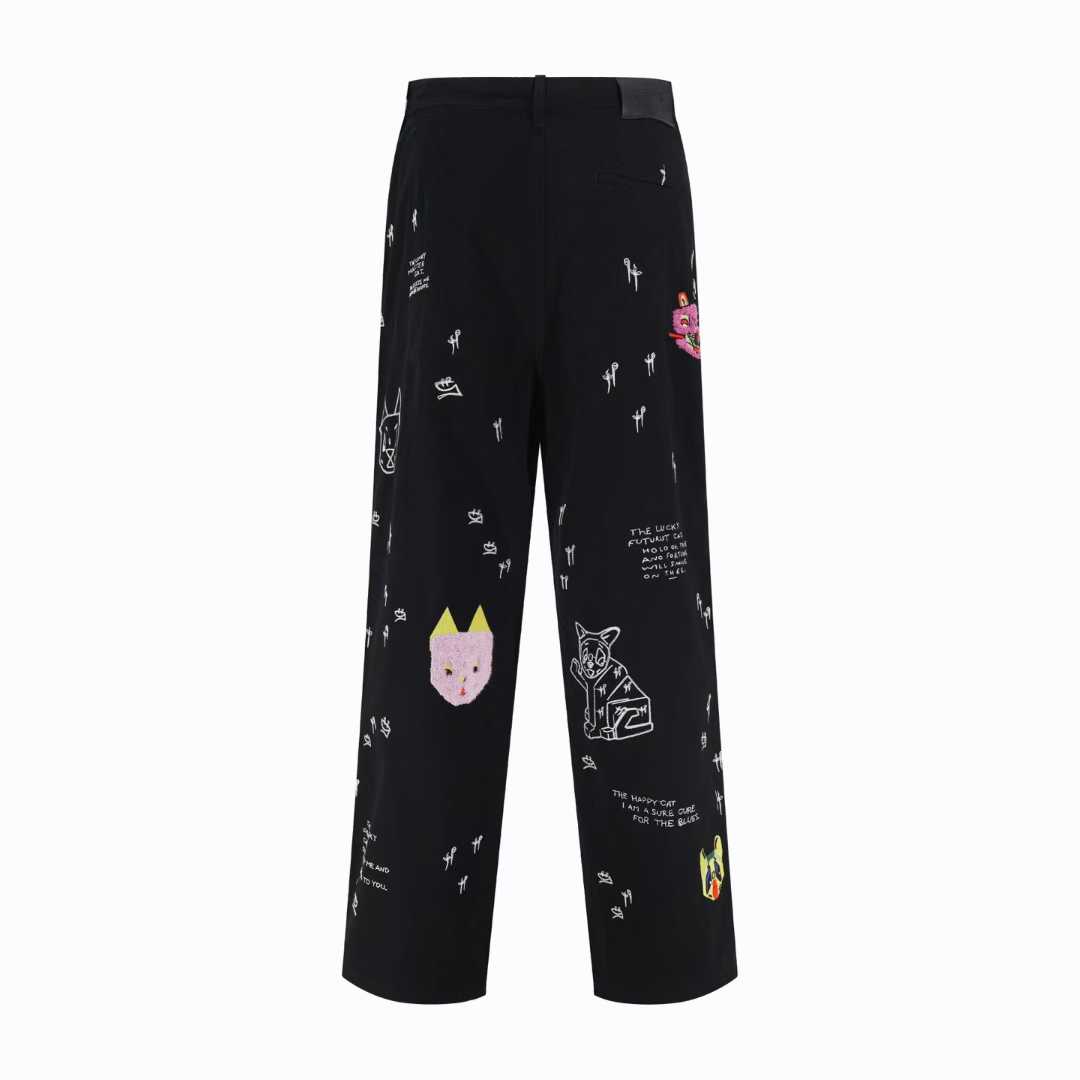 Loewe x Louis Wain embroidered wide-leg jeans in black, featuring playful animal appliqués inspired by the British artist's "Futurist Cats" series