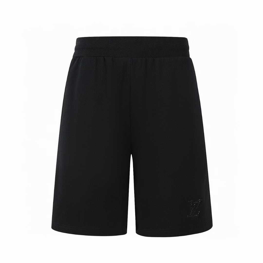 LV Embellished Jersey Shorts featuring a tone-on-tone iridescent rhinestone LV signature on the leg