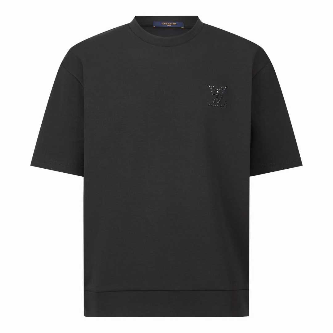 LV Embellished Jersey T-shirt a black cotton shirt featuring an iridescent rhinestone LV signature on the chest.