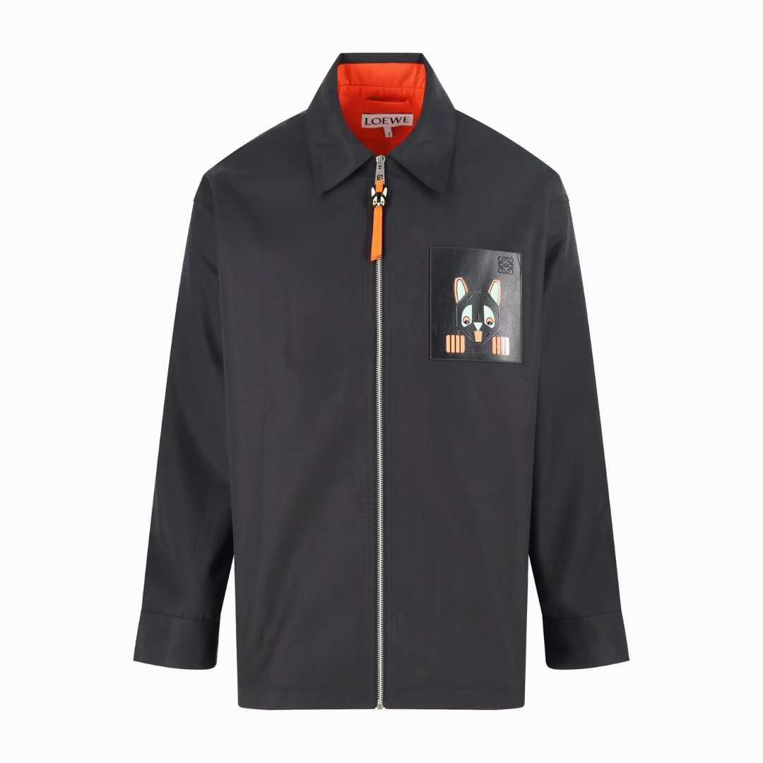 Loewe x Louis Wain cotton gabardine zip-up overshirt features a leather patch pocket adorned with a "Futurist Cat" intarsia