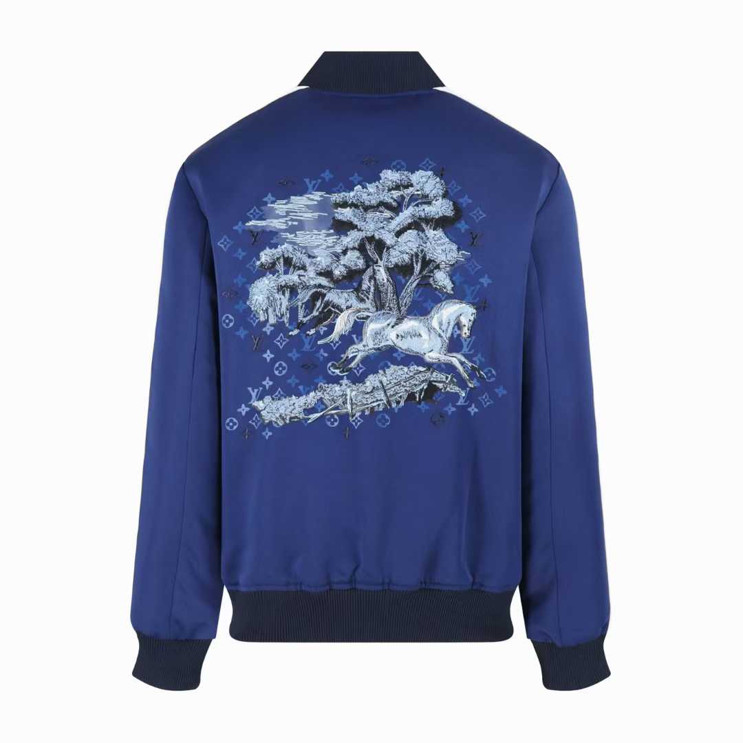 LV Embroidered Souvenir Jacket crafted from navy blue technical satin