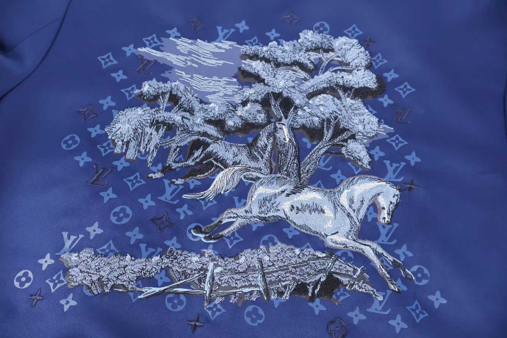 LV Embroidered Souvenir Jacket crafted from navy blue technical satin