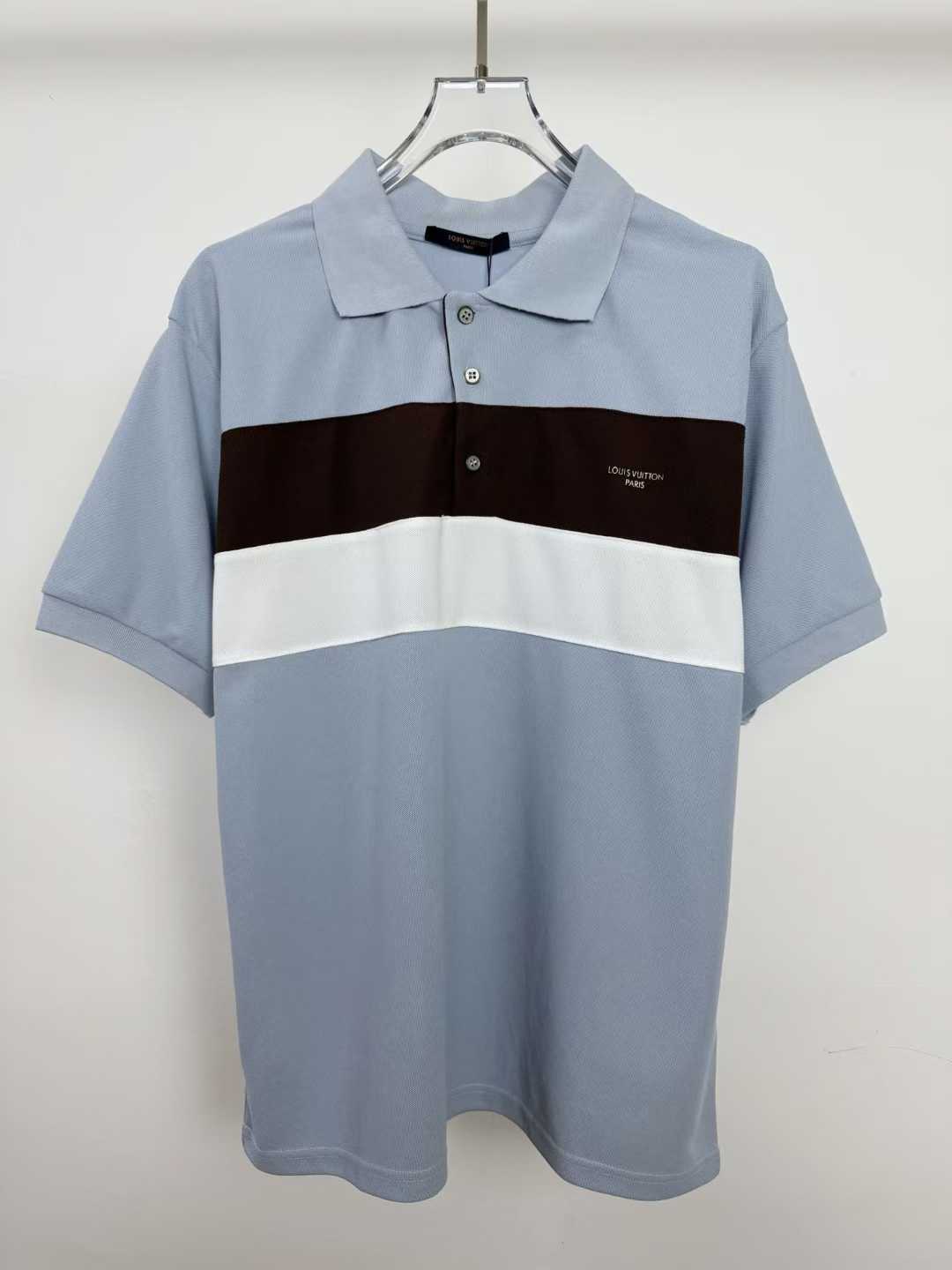 LV short-sleeved polo shirt features horizontal brown and white bands across the torso