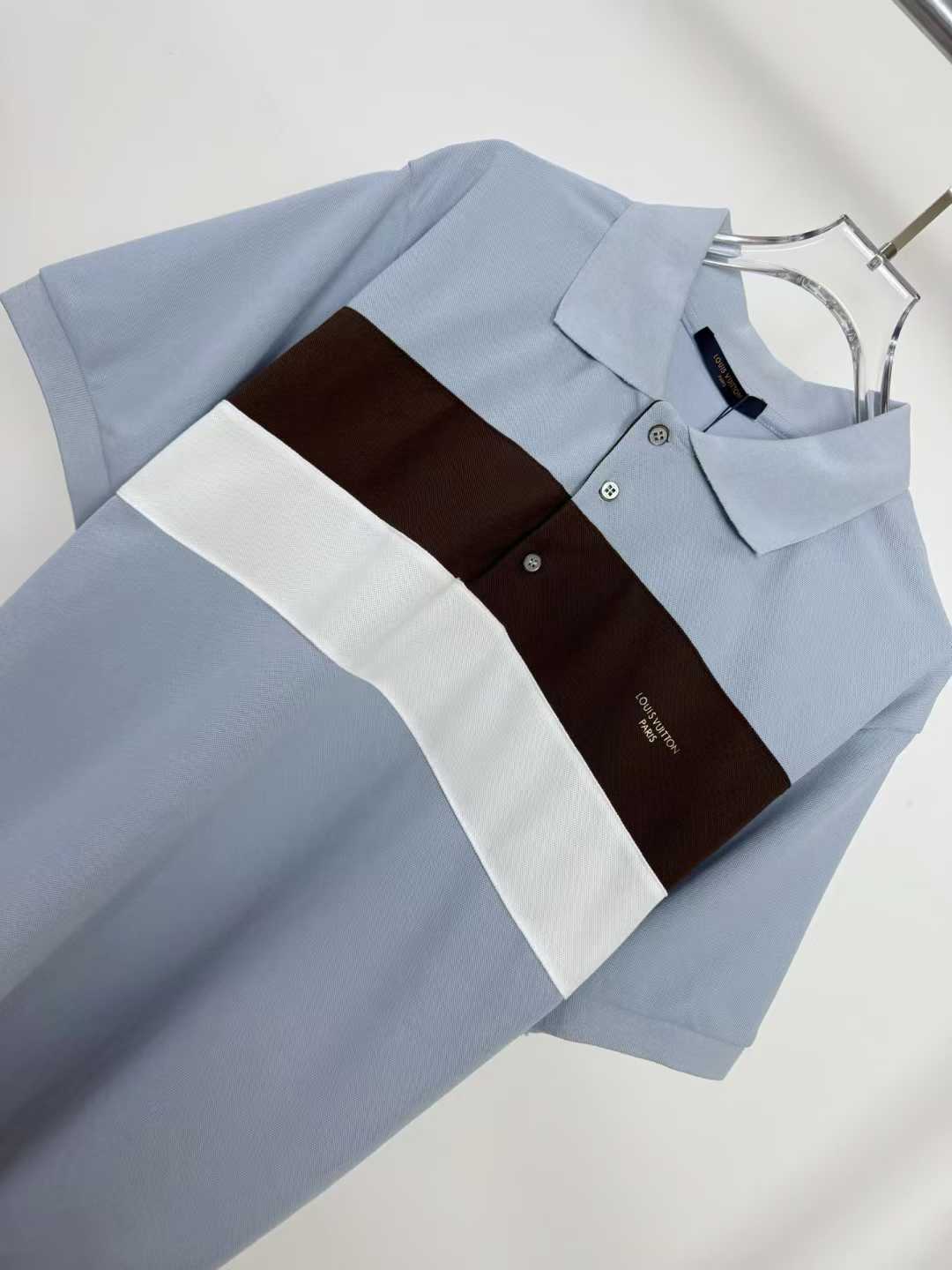 LV short-sleeved polo shirt features horizontal brown and white bands across the torso