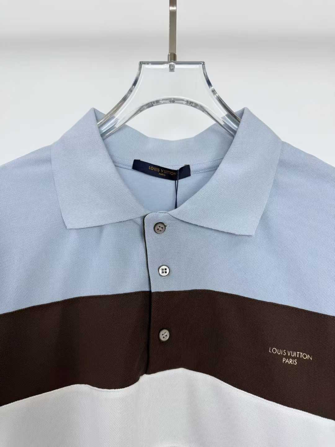 LV short-sleeved polo shirt features horizontal brown and white bands across the torso