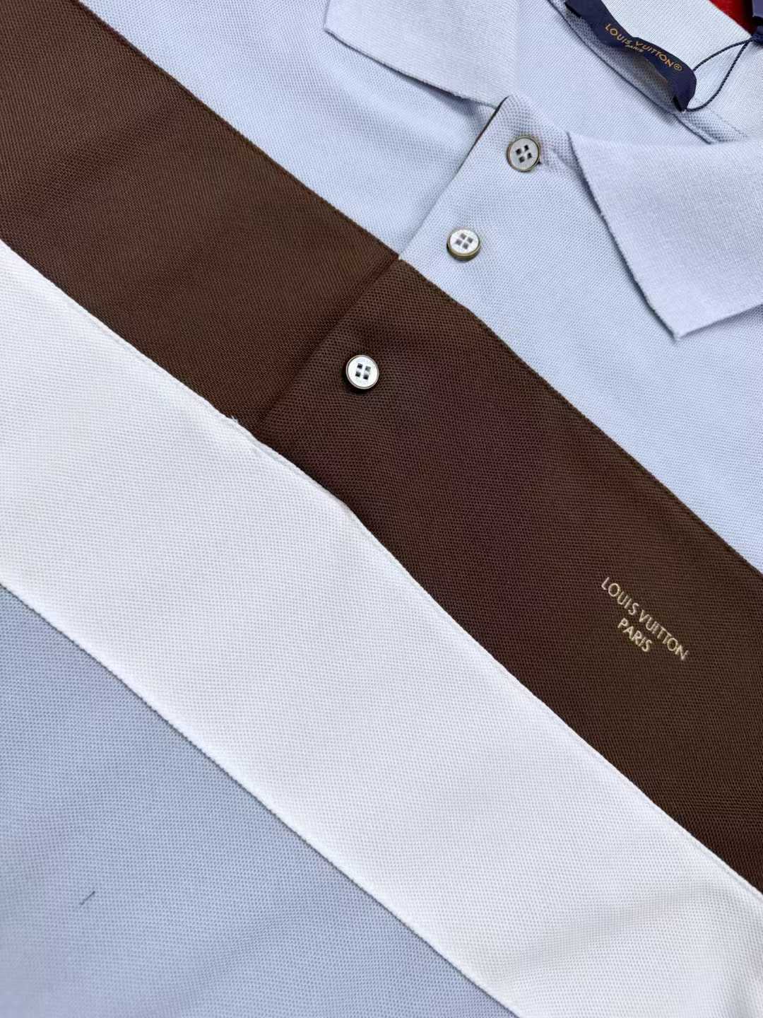 LV short-sleeved polo shirt features horizontal brown and white bands across the torso