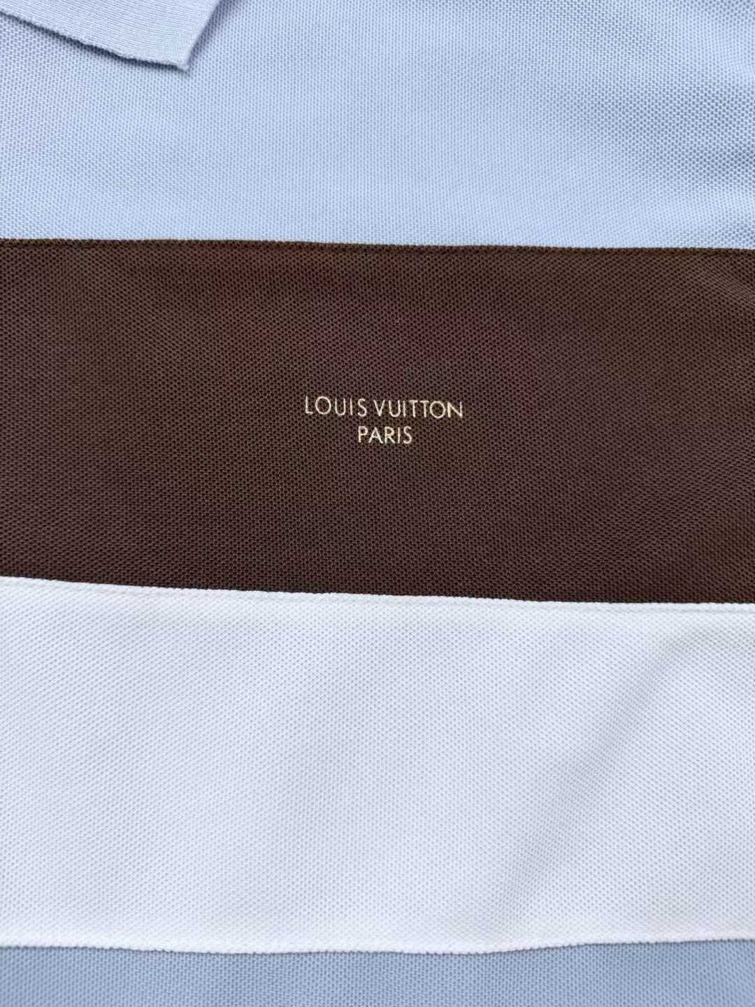 LV short-sleeved polo shirt features horizontal brown and white bands across the torso