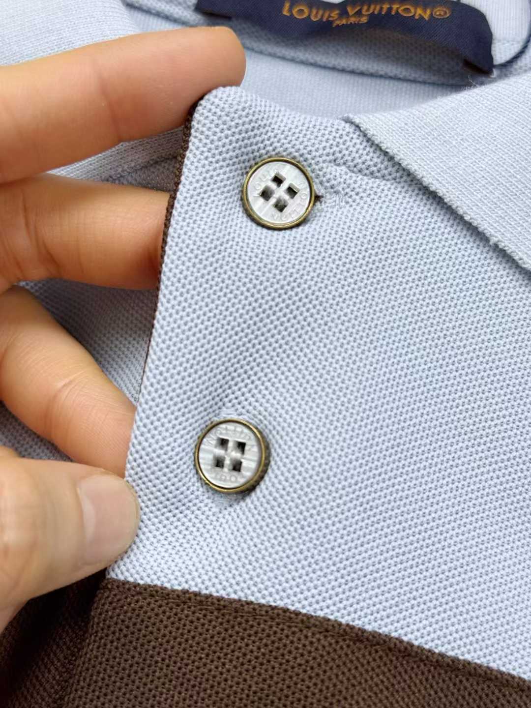 LV short-sleeved polo shirt features horizontal brown and white bands across the torso