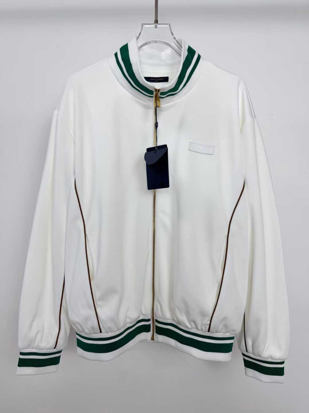 LV white and green bomber track jacket with gold zipper details