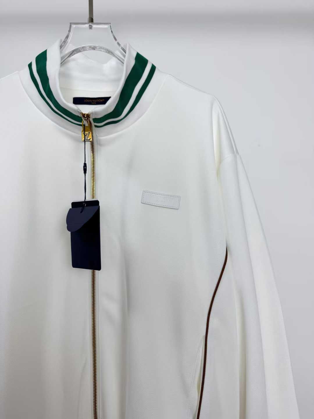 LV white and green bomber track jacket with gold zipper details