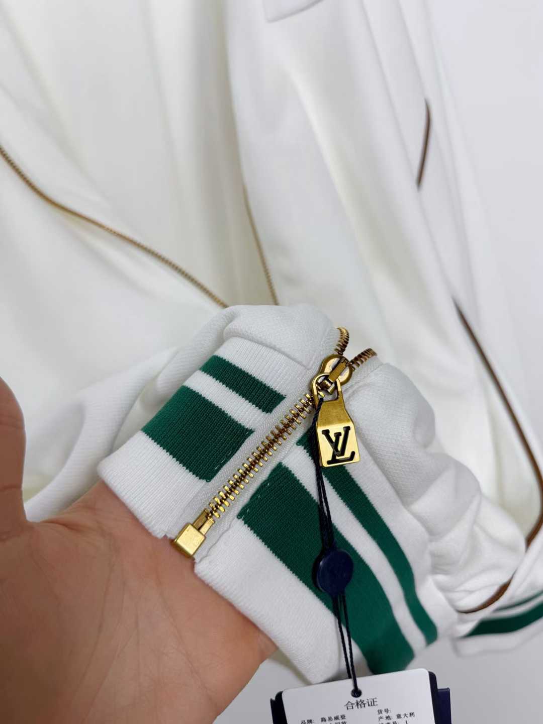 LV white and green bomber track jacket with gold zipper details