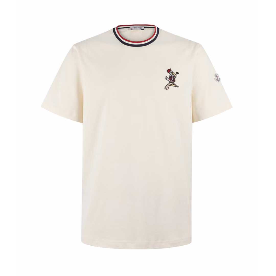 Moncler striped-collar T-shirt featuring a distinctive MonDuck logo patch