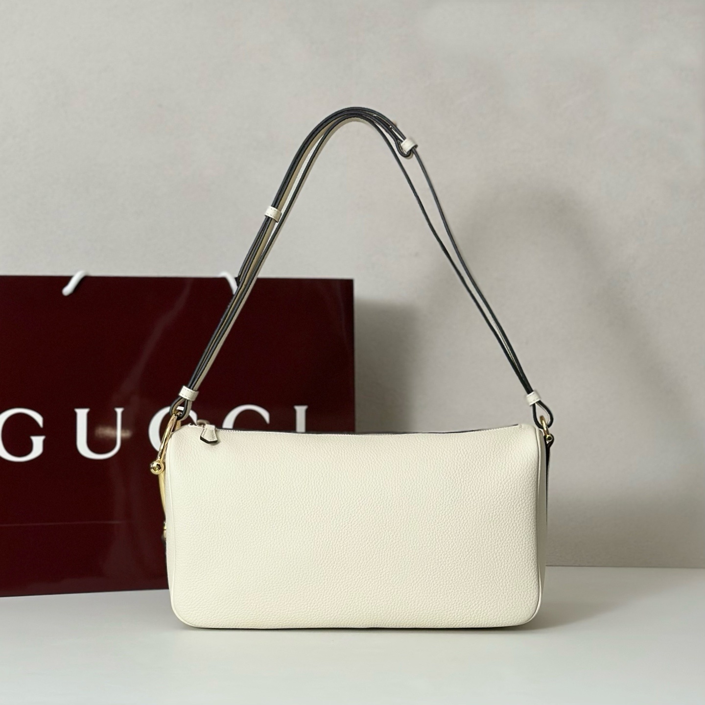 Gucci Half Horsebit Medium Leather Shoulder Bag in white leather