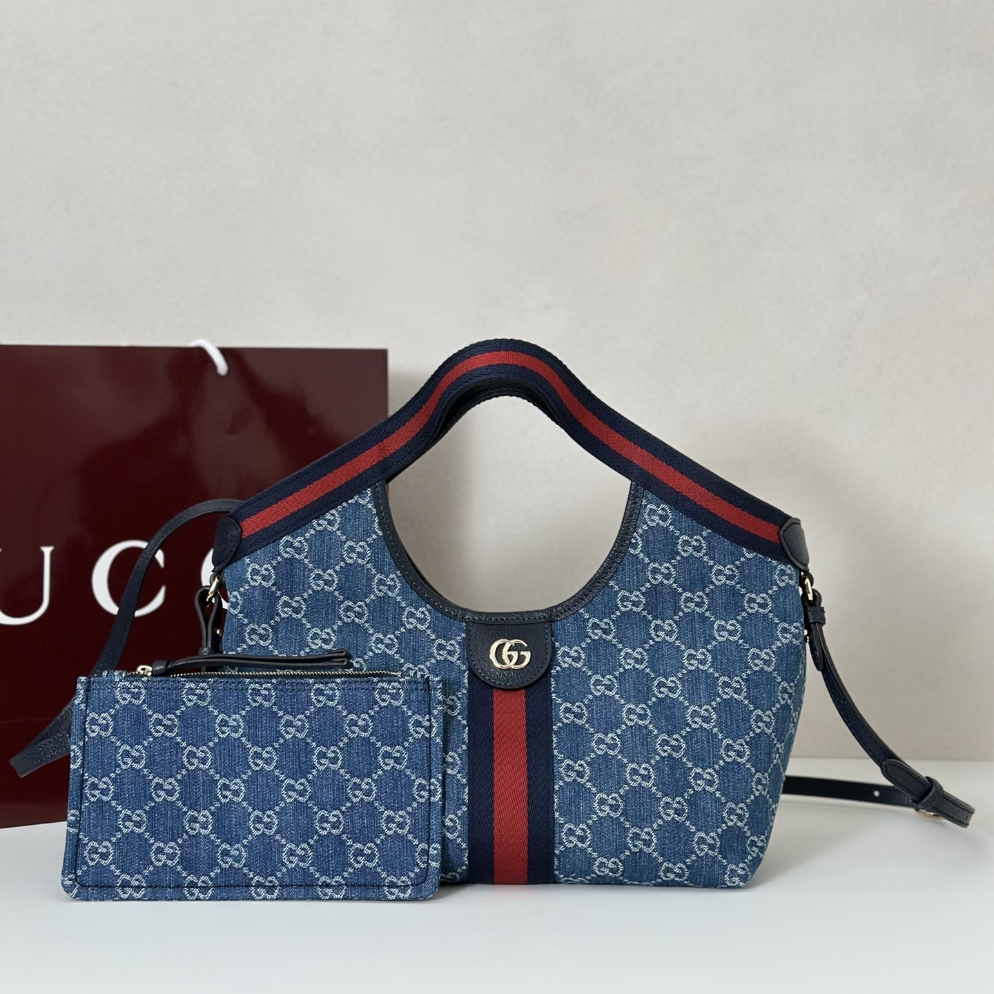 Gucci Giglio Small Tote Bag in blue and white GG denim with a red and blue Web stripe trim