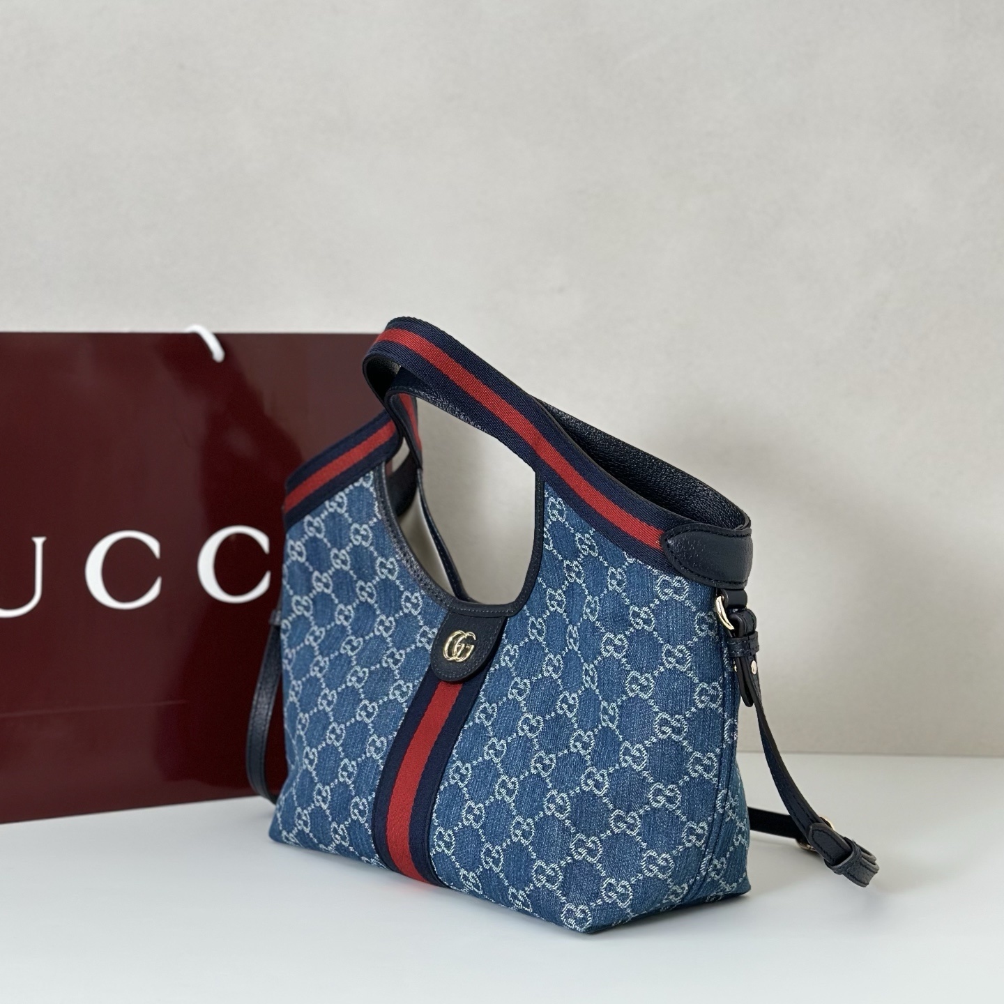 Gucci Giglio Small Tote Bag in blue and white GG denim with a red and blue Web stripe trim