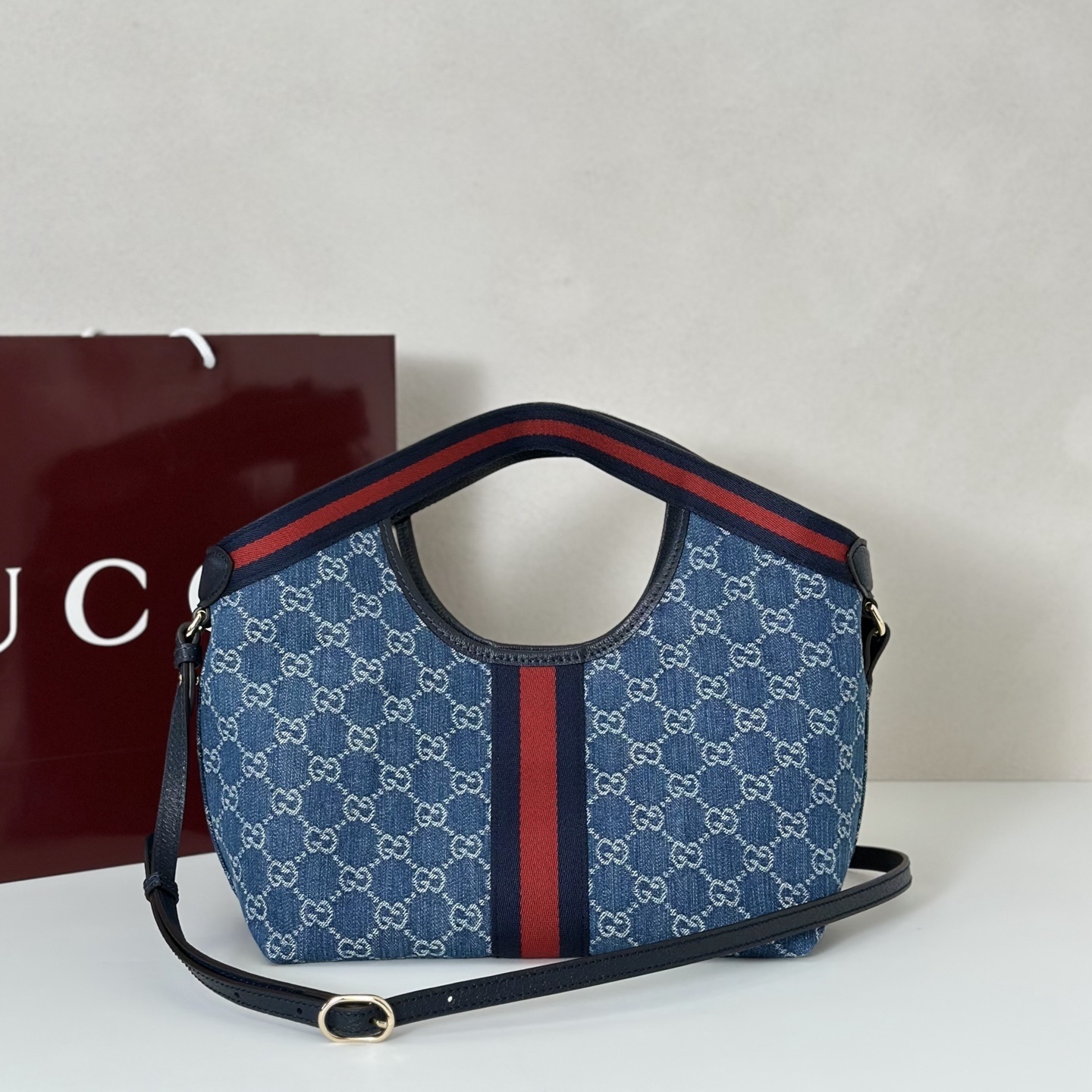 Gucci Giglio Small Tote Bag in blue and white GG denim with a red and blue Web stripe trim