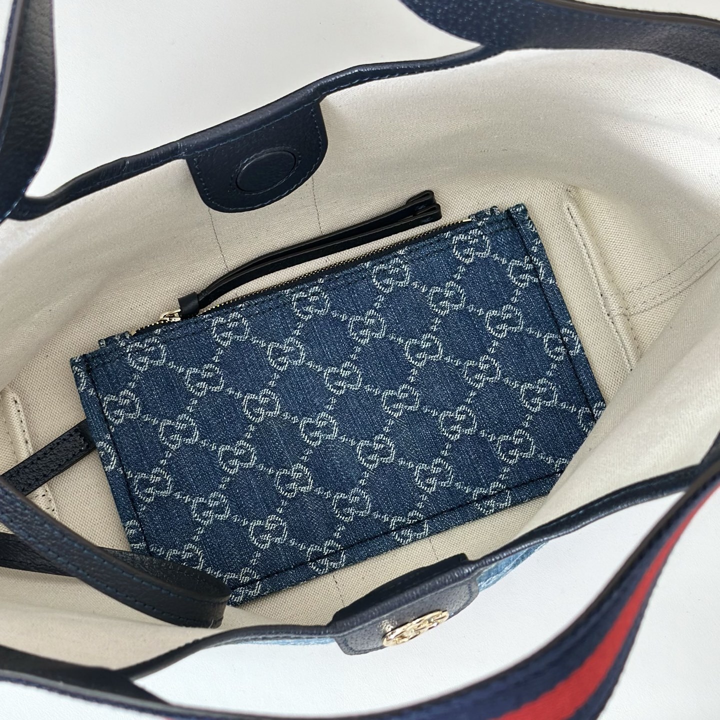 Gucci Giglio Small Tote Bag in blue and white GG denim with a red and blue Web stripe trim