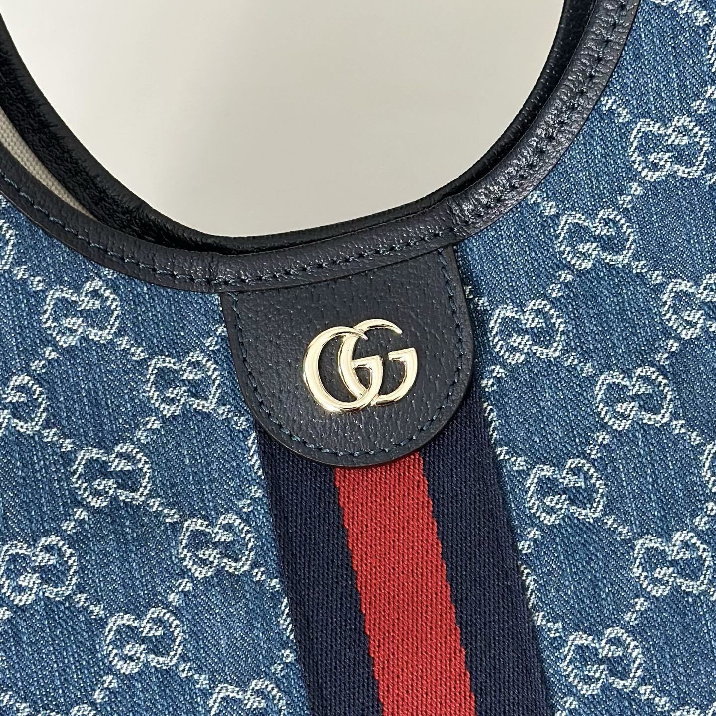 Gucci Giglio Small Tote Bag in blue and white GG denim with a red and blue Web stripe trim