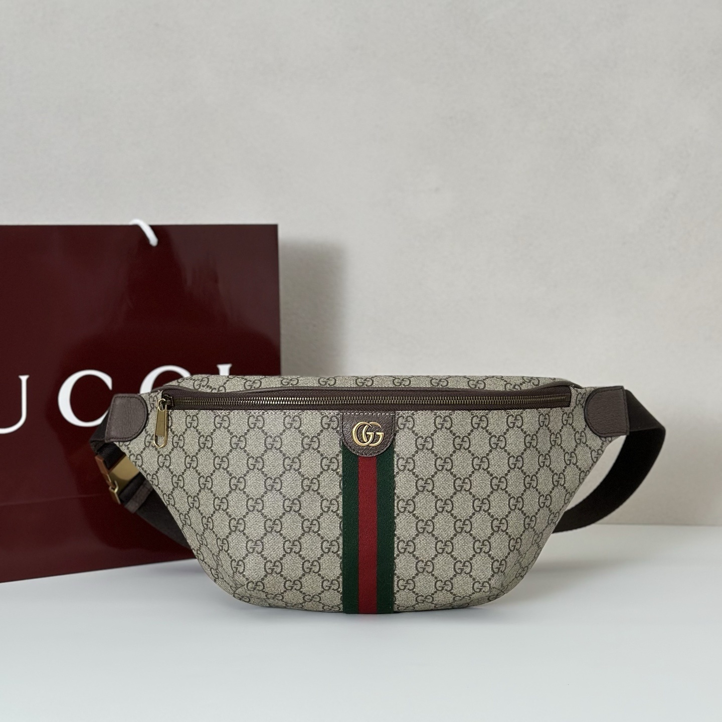 Gucci Ophidia Small Belt Bag in beige and dark brown GG Supreme canvas