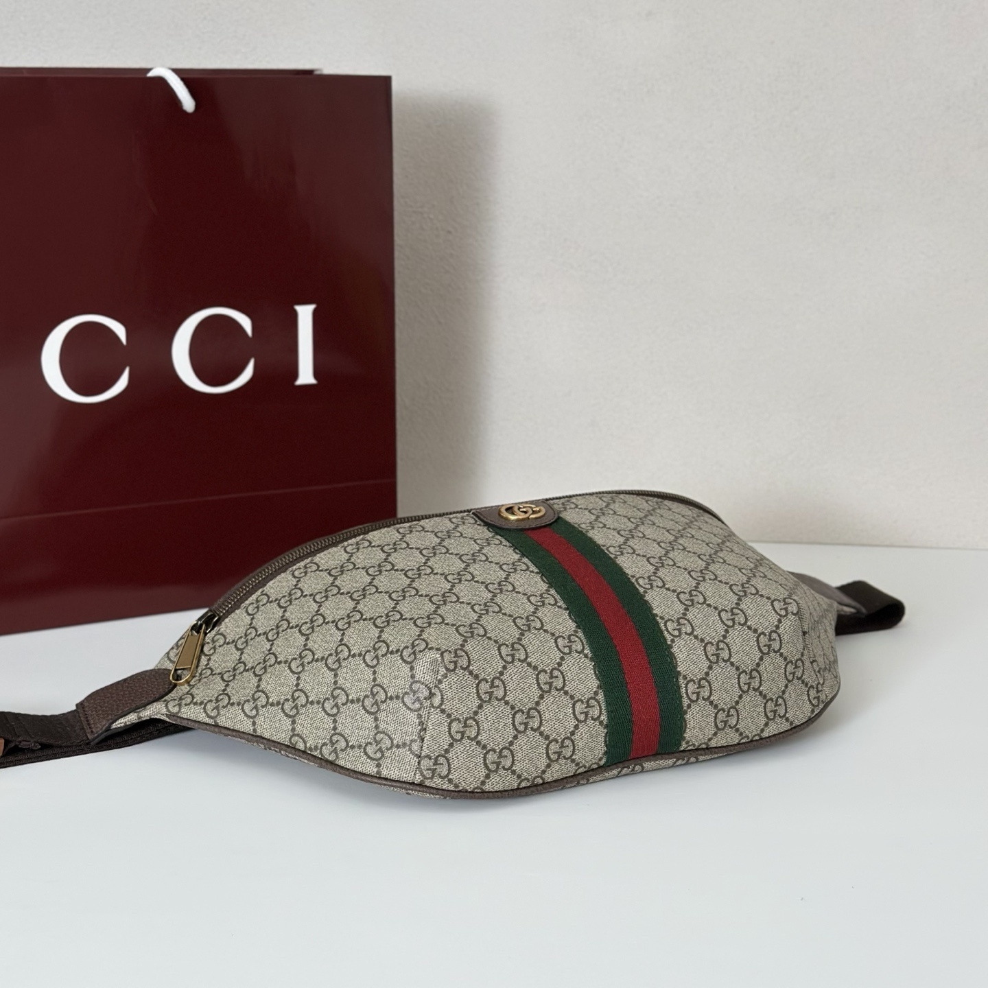 Gucci Ophidia Small Belt Bag in beige and dark brown GG Supreme canvas