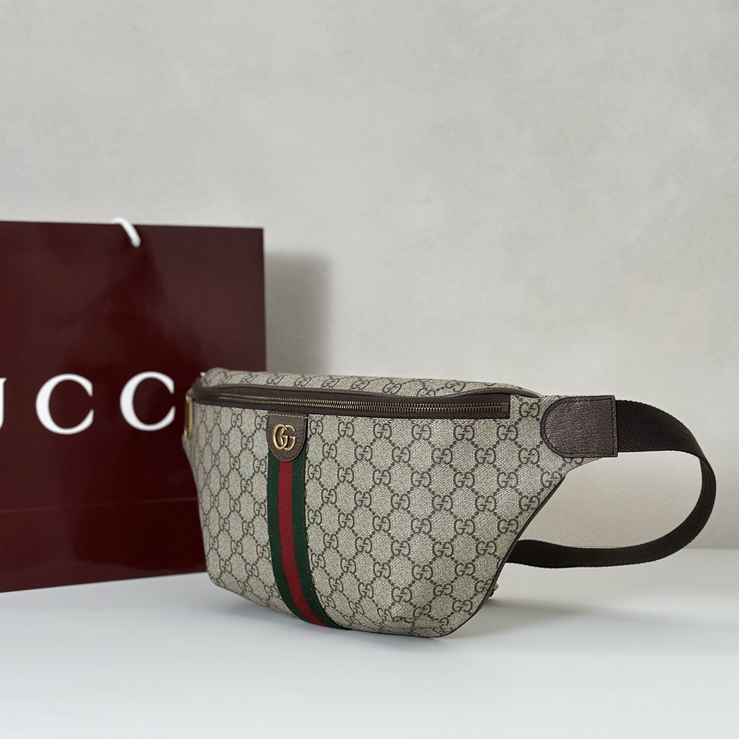 Gucci Ophidia Small Belt Bag in beige and dark brown GG Supreme canvas