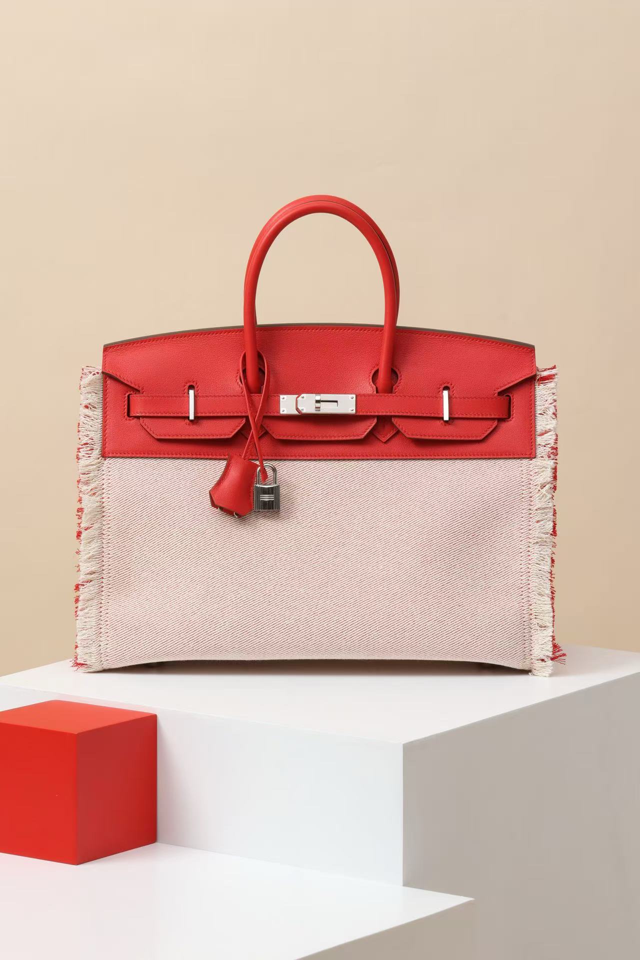 Hermes Swift Twill H Fray Fray Birkin 35 Rouge