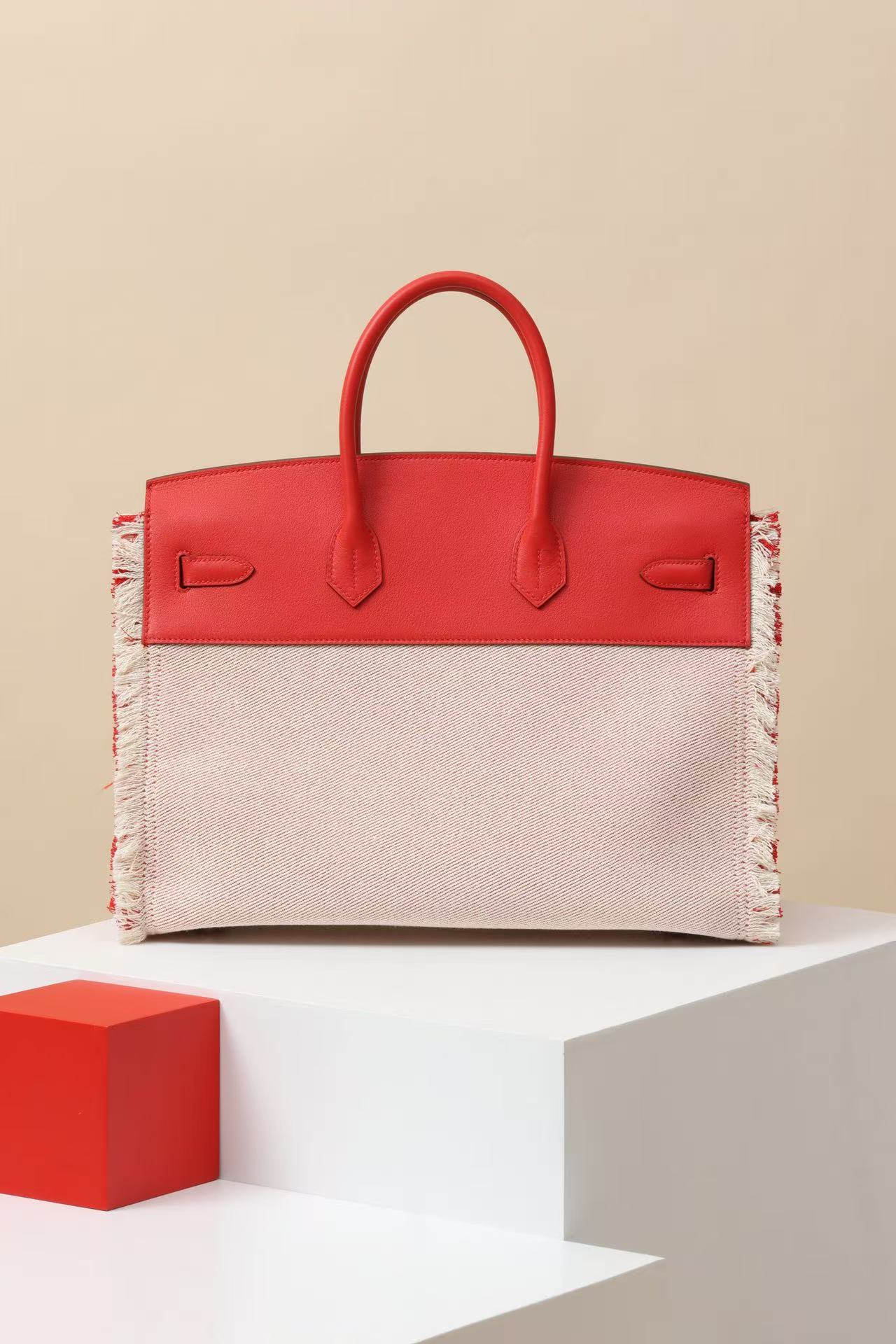 Hermes Swift Twill H Fray Fray Birkin 35 Rouge