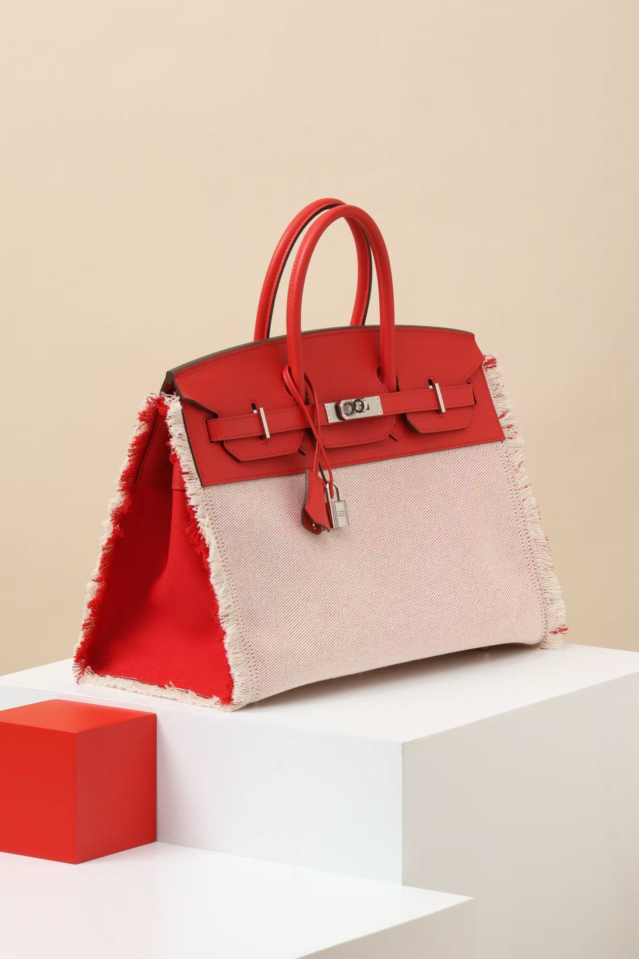 Hermes Swift Twill H Fray Fray Birkin 35 Rouge